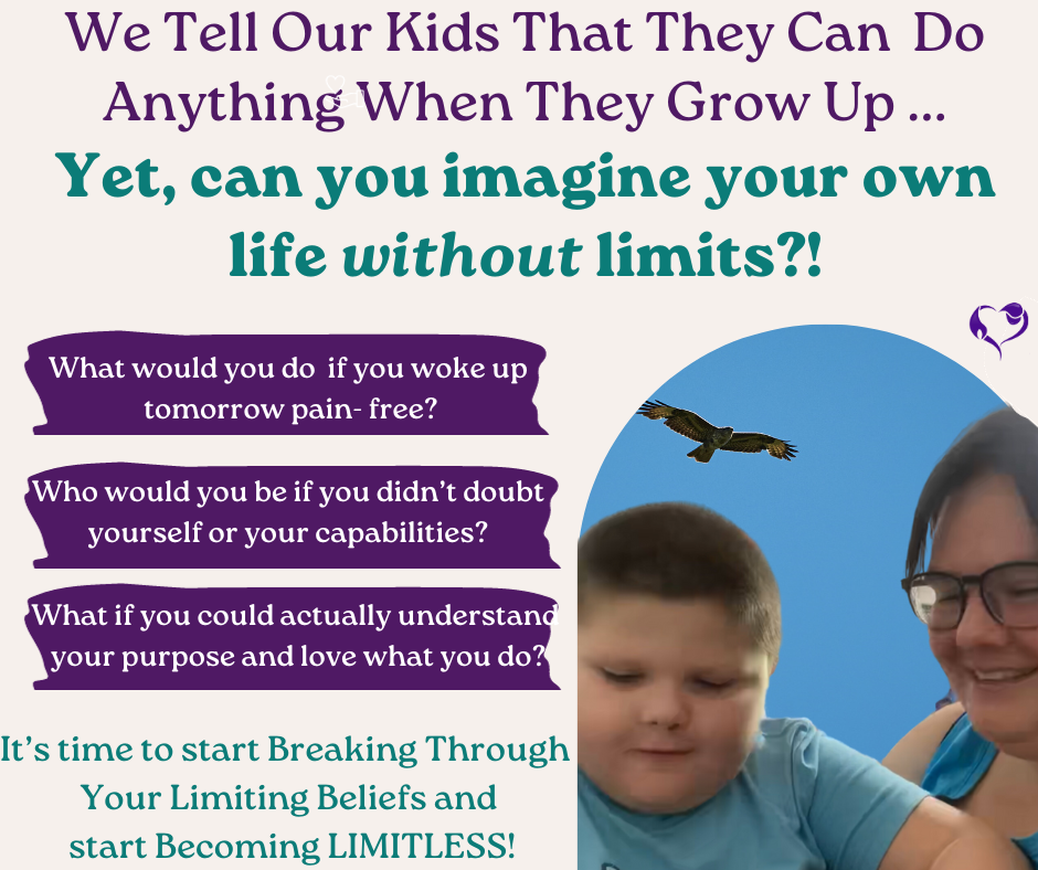 What would YOU do if you if your life was truly LIMITLESS? As a mom, I tell my son that he can do anything he wants when he grows up... but me?! For years, I told myself that: -I couldn't lose weight.  -Money was the root of all evil and I wasn't good with it.  -I didn't have time for myself.  -My 'chronic' health symptoms would never get better.  Yes, I held onto these limiting beliefs, even as a mental health counselor with years of experience in holistic mind and body healing!  Yet, when I FINALLY addressed these limiting beliefs (and many more, we ALL have them), and became empowered to re-write my inner monologue to be filled with LIMITLESS beliefs.... well saying everything changed feels like an understatement.  🤯 Identifying, understanding, and re-writing my limiting beliefs has helped me to break through the weight loss stall I hit after losing 100lbs! It's helped me to feel empowered in my life, recognizing my bigger purpose and setting new goals for myself and my business.  Breaking through these limiting beliefs has helped me to become a better homeschooling mom, wife, friend, and most importantly, a person who keeps their commits to THEMSELF.  What will happen when you start breaking through your limiting beliefs?  Join our five day course designed to help you identify key limiting beliefs that are holding you back, in order to start shifting your mindset and transforming your life to find out! You'll get the tools and support to begin re-writing your story so that your future is truly LIMITLESS.